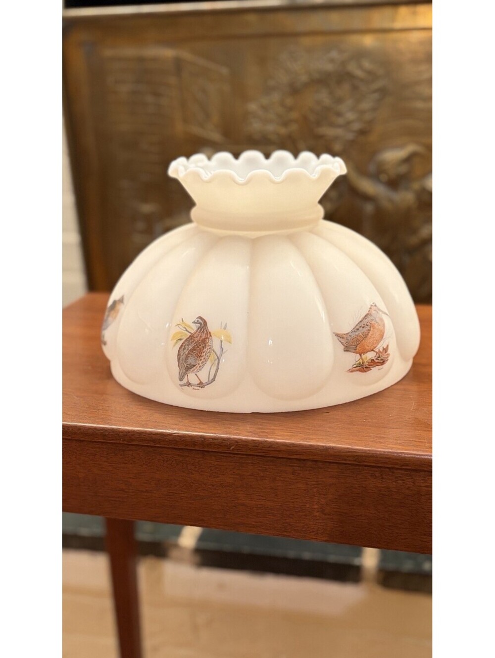 Vintage Milk Glass Lamp Shade Game Birds Quail Pheasant Hurricane GWTW 10”
